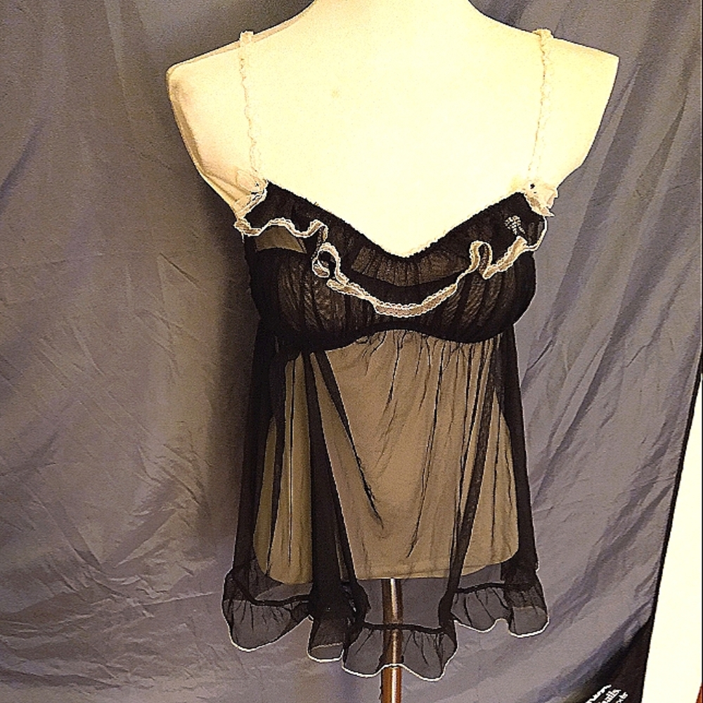M) Victoria Secret Black & Pink Mesh Rhinestone Bow Nighty